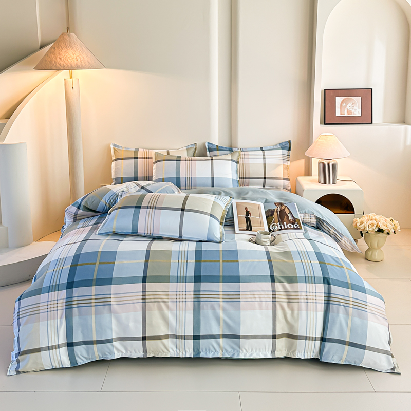 Linen Duvet Cover - Ensemble de literie à carreaux bleus
